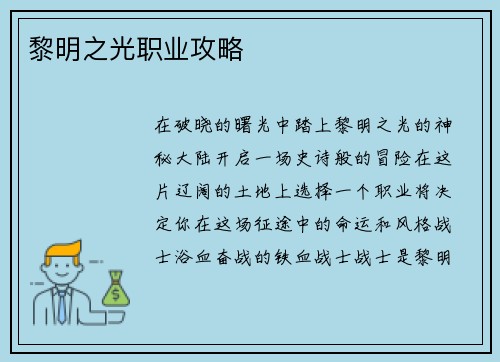 黎明之光职业攻略