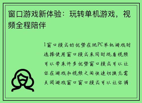 窗口游戏新体验：玩转单机游戏，视频全程陪伴