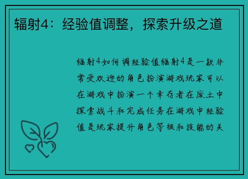 辐射4：经验值调整，探索升级之道