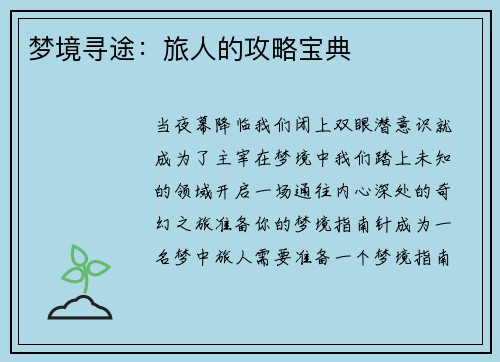 梦境寻途：旅人的攻略宝典